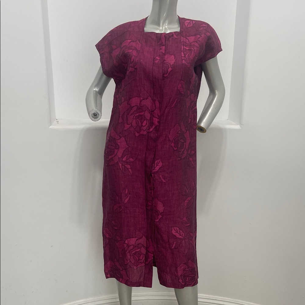 Gian Maria Gerosa Vintage Magenta Brocade Floral Print Shirt Sleeve Midi Dress 8